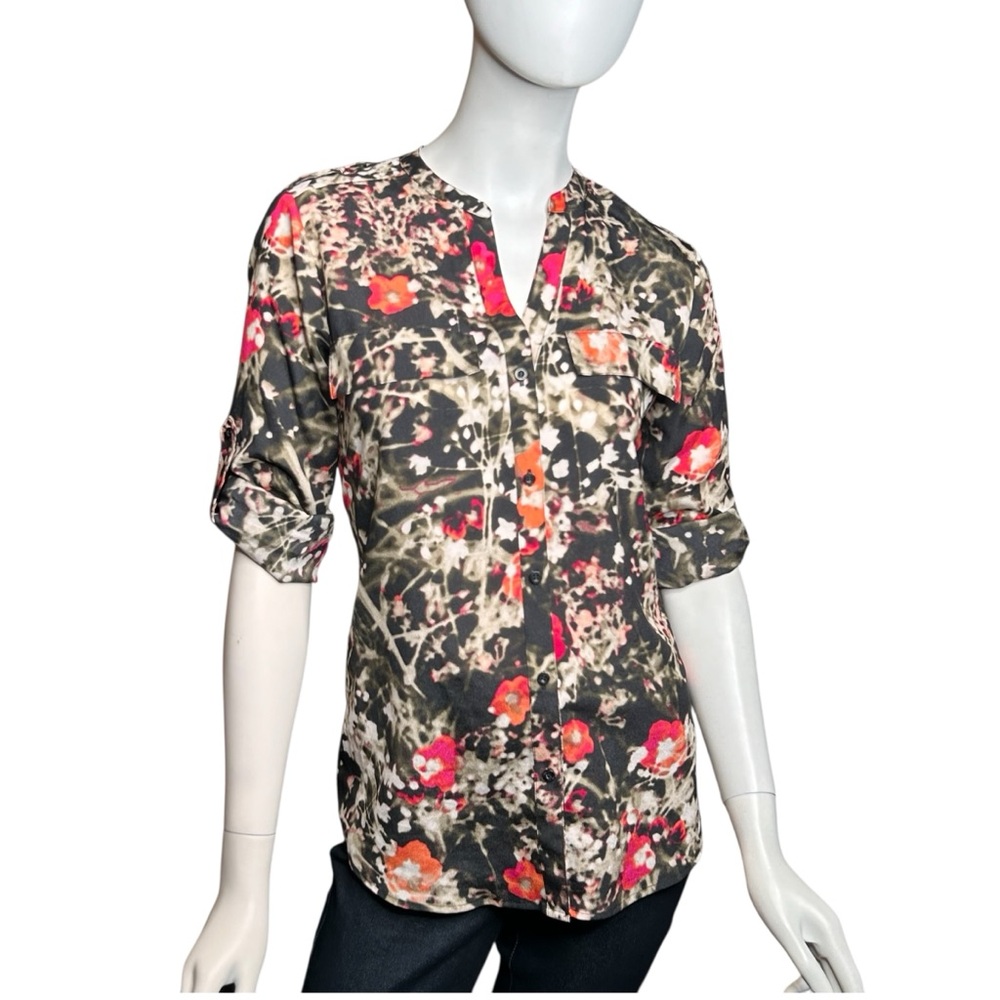 CALVIN KLEIN Women’s Small Abstract Floral Blouse Roll Tab Sleeve Black Brown